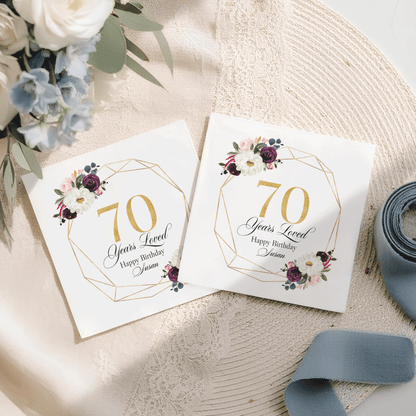 70th Birthday Napkins, Burgundy Floral Gold Geometric