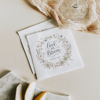 Wildflower Wreath Wedding Napkins, Love in Bloom, Personalized