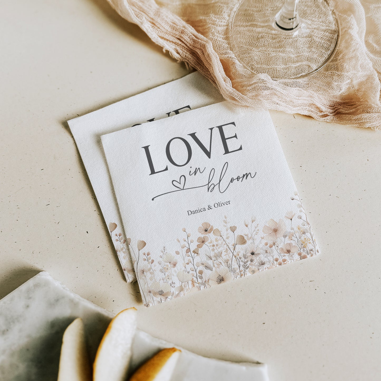 Neutral Boho Wedding Napkins, Love in Bloom, Personalized