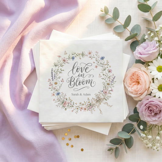 Wildflower Wreath Wedding Napkins, Love in Bloom, Personalized