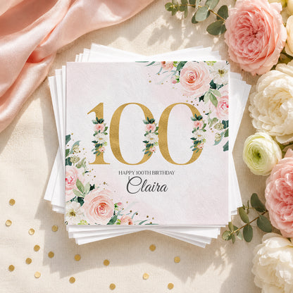 Personalized 100th Birthday Napkins with Peach Rose Gold Floral Design