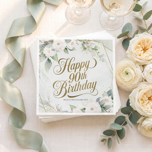 Green White and Gold Floral 90th Birthday Napkins - Pretty Gifted