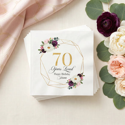 70th Birthday Napkins, Burgundy Floral Gold Geometric