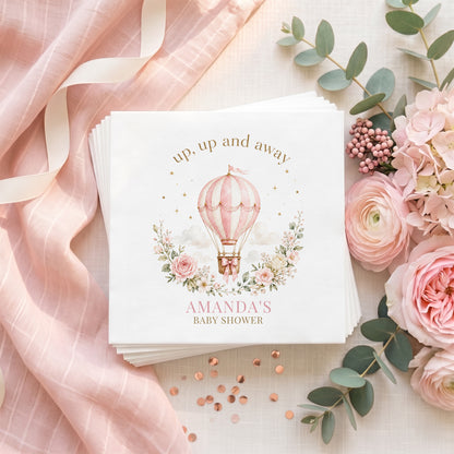 Blush pink hot air balloon baby shower napkin with pink roses, gold stars and a personalized name in dusty pink