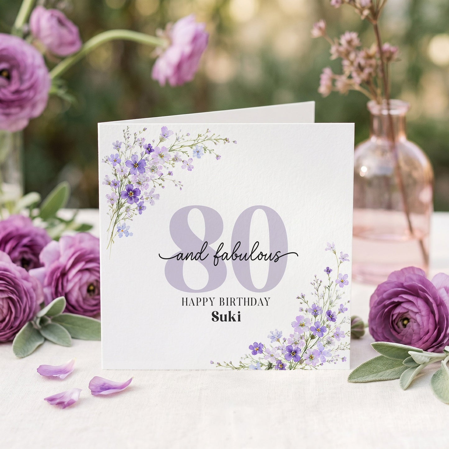 80th Birthday Card for Mom, Personalized Purple Botanical - Pretty Gifted