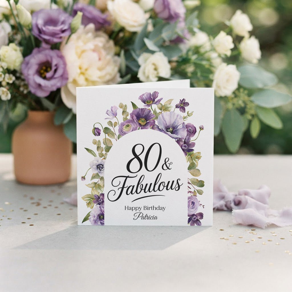 80th Birthday Card, Personalized 80 and Fabulous Purple - Pretty Gifted