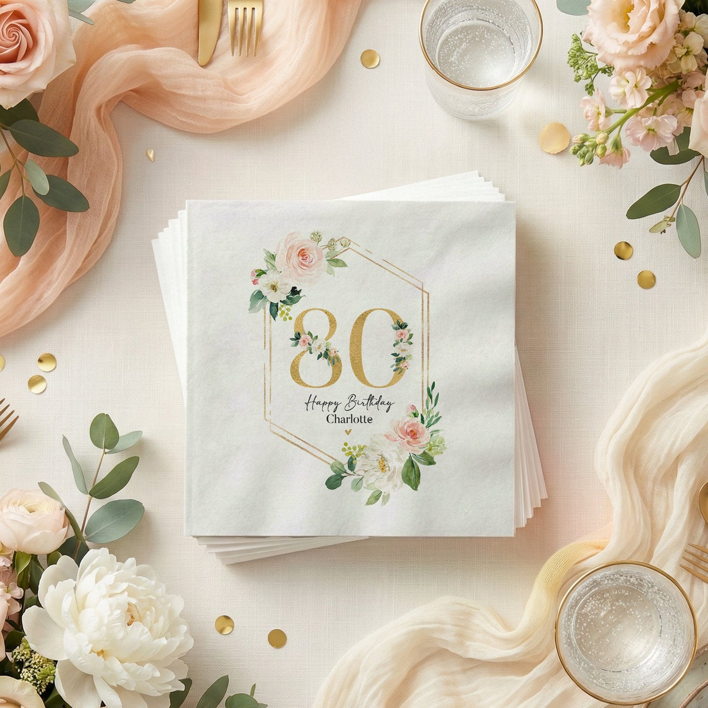 80th Birthday Napkins, Gold Geometric Peach Floral - Pretty Gifted
