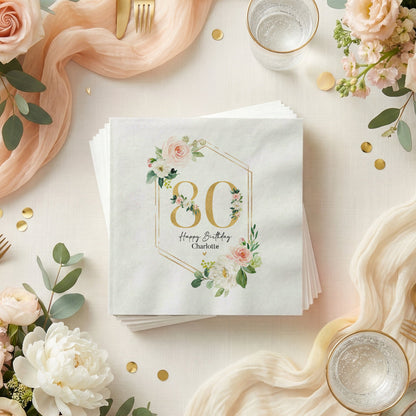 80th Birthday Napkins, Gold Geometric Peach Floral - Pretty Gifted