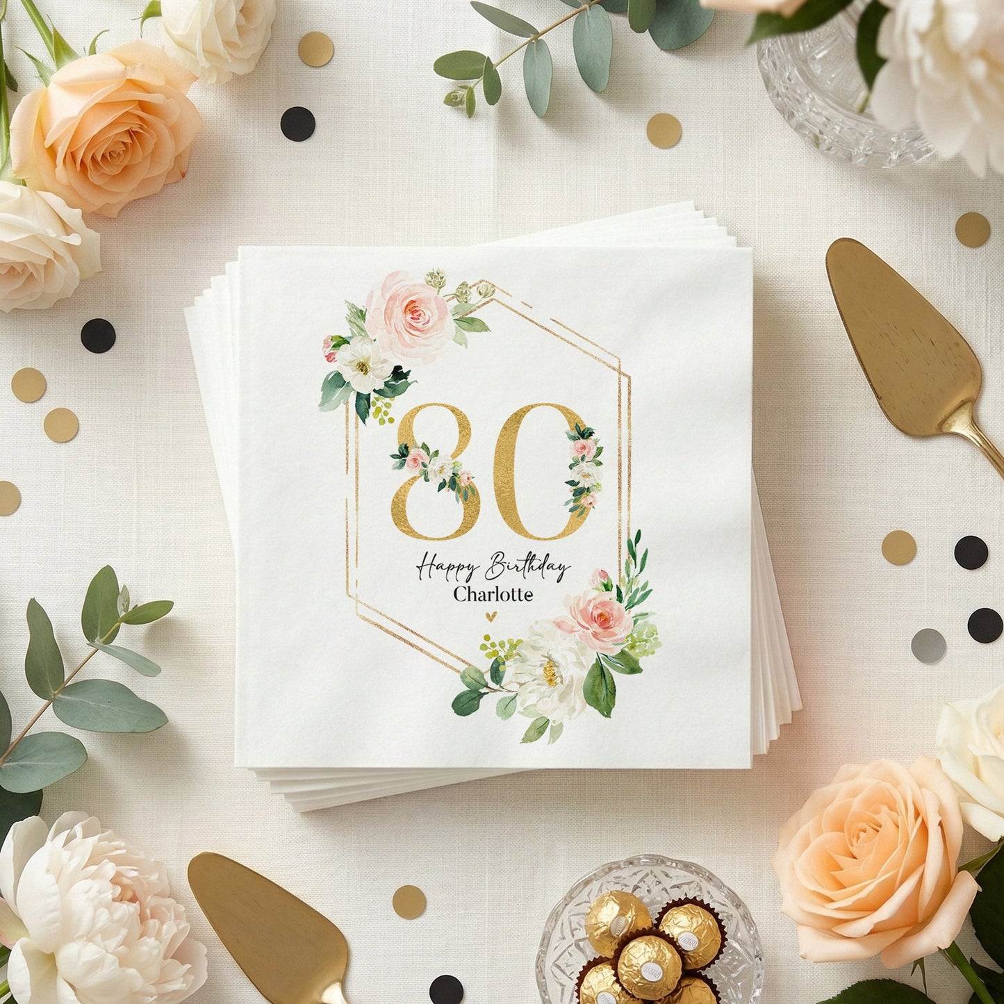 80th Birthday Napkins, Gold Geometric Peach Floral - Pretty Gifted