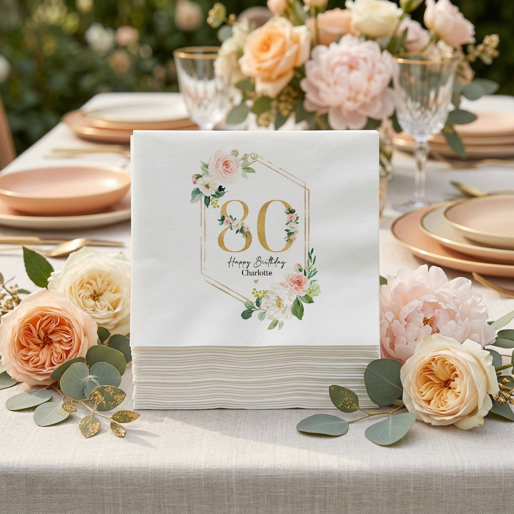 80th Birthday Napkins, Gold Geometric Peach Floral - Pretty Gifted