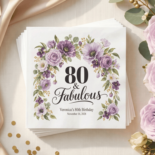 80th Birthday Napkins, Purple Florals and Custom Message - Pretty Gifted