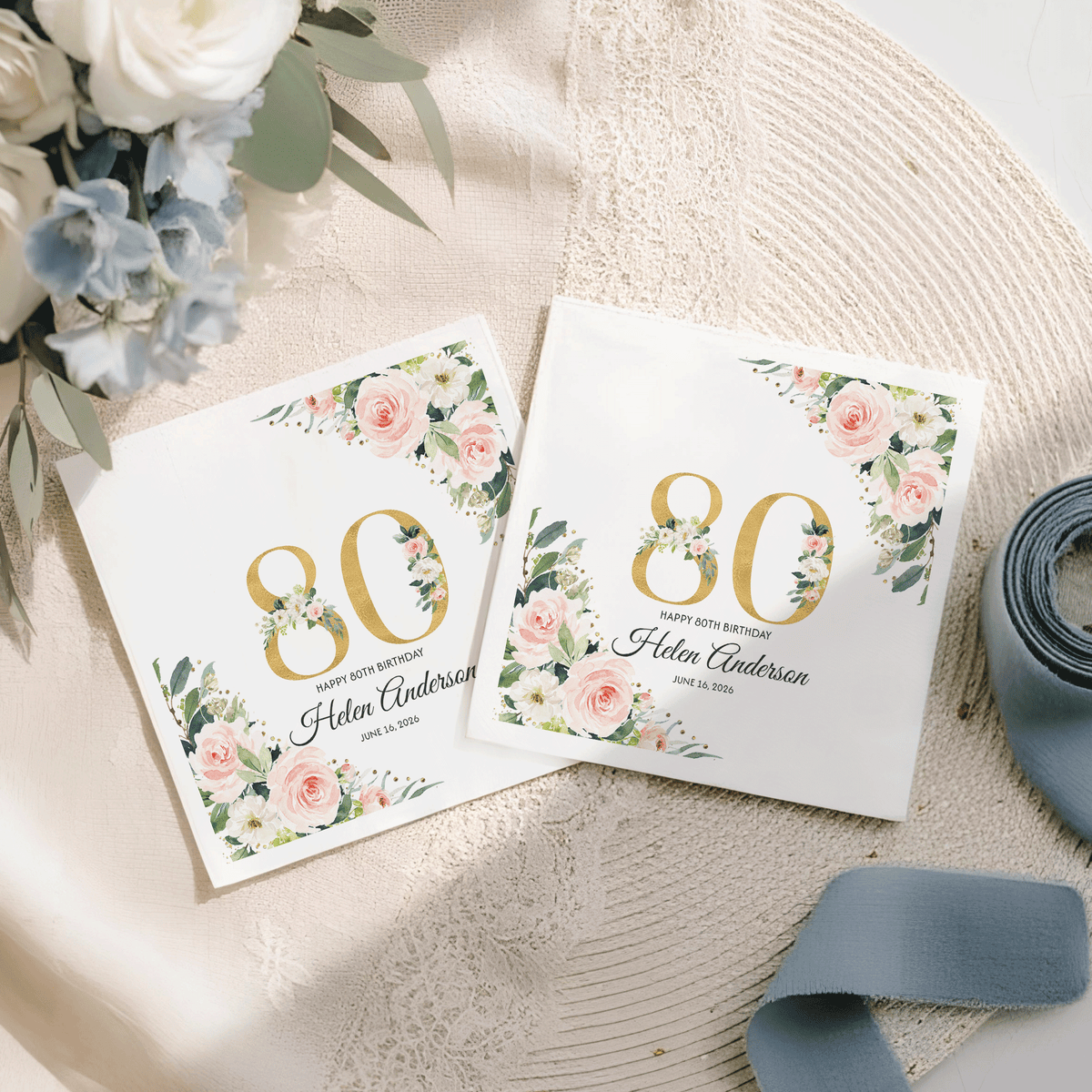 80th Birthday Napkins with Blush Florals and Gold - Pretty Gifted