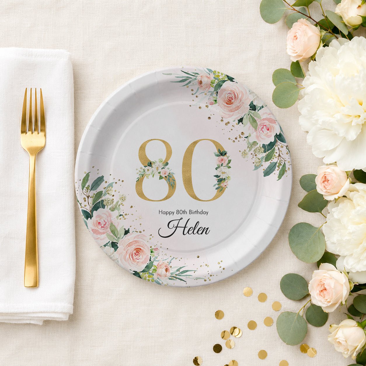 80th Birthday Plates, Personalized Blush and Gold Floral - Pretty Gifted