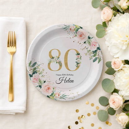 80th Birthday Plates, Personalized Blush and Gold Floral - Pretty Gifted