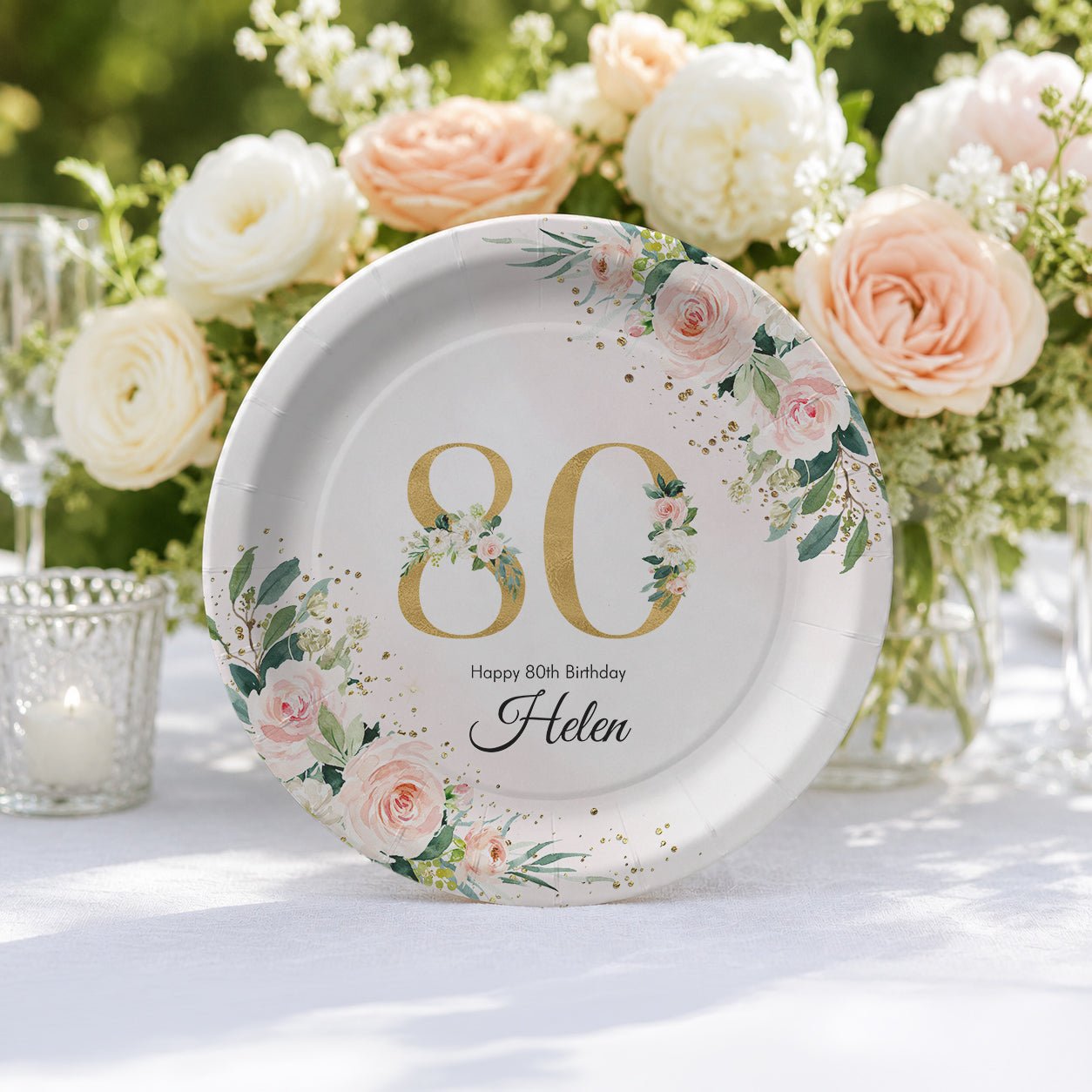80th Birthday Plates, Personalized Blush and Gold Floral - Pretty Gifted