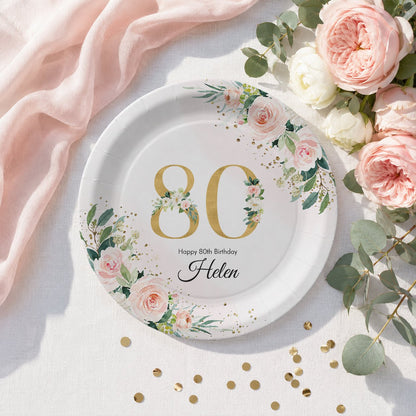 80th Birthday Plates, Personalized Blush and Gold Floral - Pretty Gifted