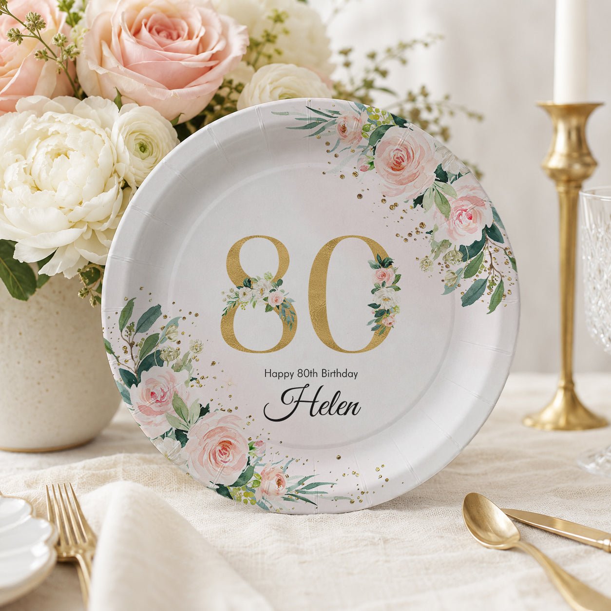 80th Birthday Plates, Personalized Blush and Gold Floral - Pretty Gifted