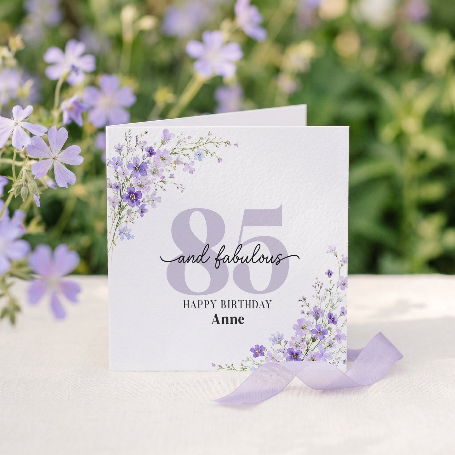 85th Birthday Card for Friend, Personalized Purple Floral - Pretty Gifted