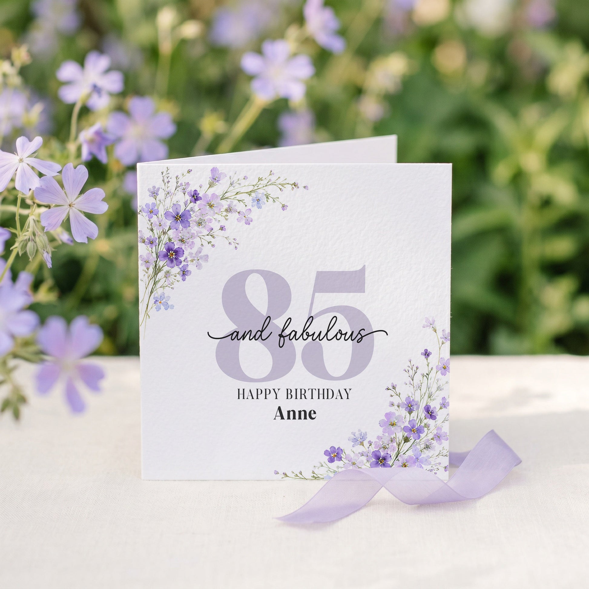 85th Birthday Card for Friend, Personalized Purple Floral - Pretty Gifted