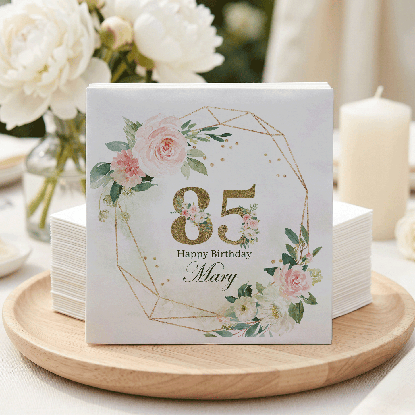 85th Birthday Napkins, Blush Floral Gold Geometric, Personalized - Pretty Gifted