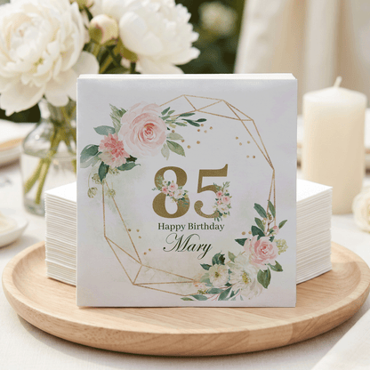 85th Birthday Napkins, Blush Floral Gold Geometric, Personalized - Pretty Gifted