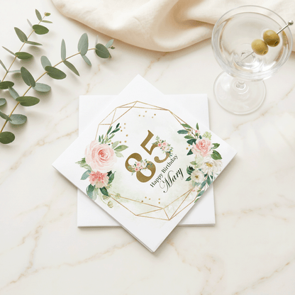85th Birthday Napkins, Blush Floral Gold Geometric, Personalized - Pretty Gifted