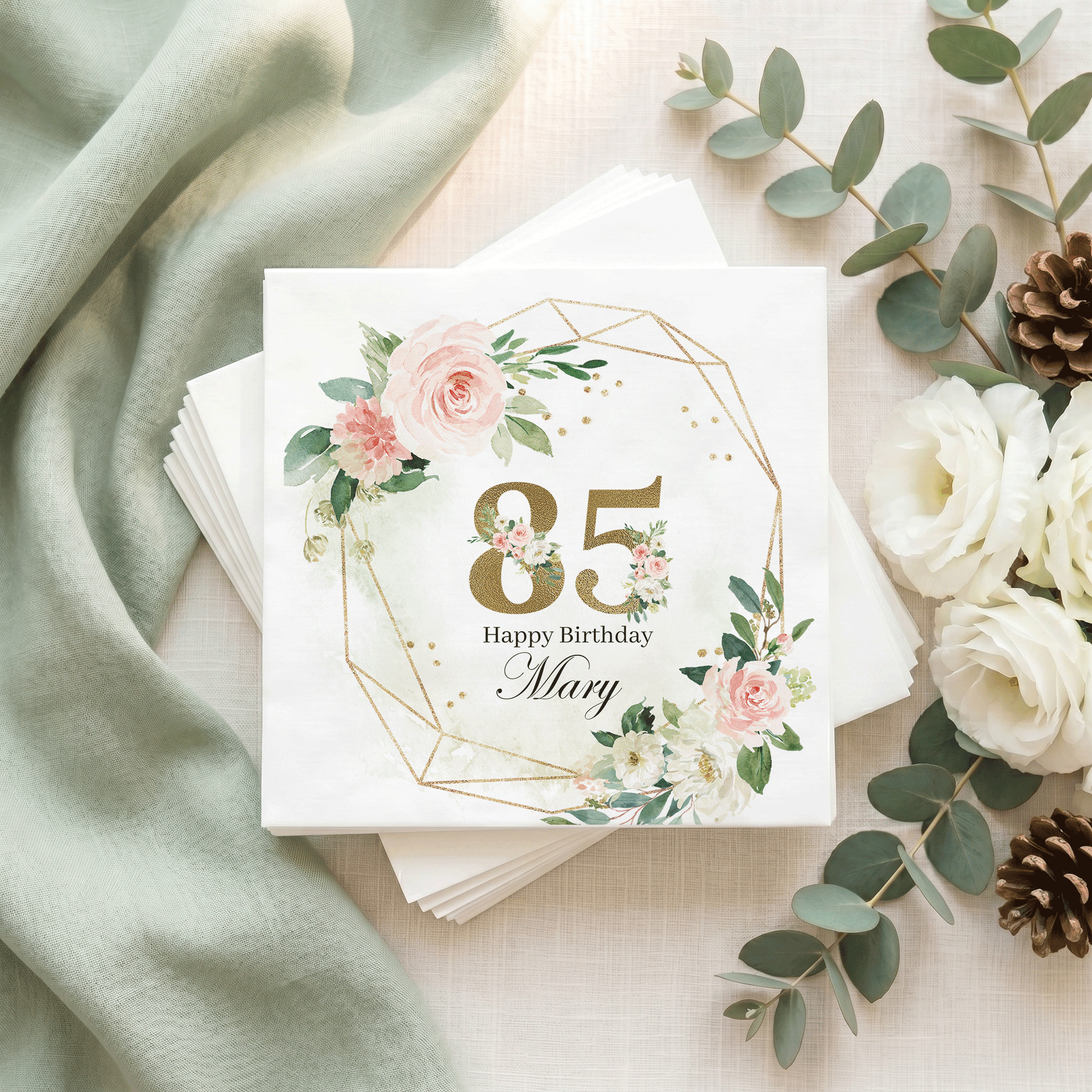 85th Birthday Napkins, Blush Floral Gold Geometric, Personalized - Pretty Gifted