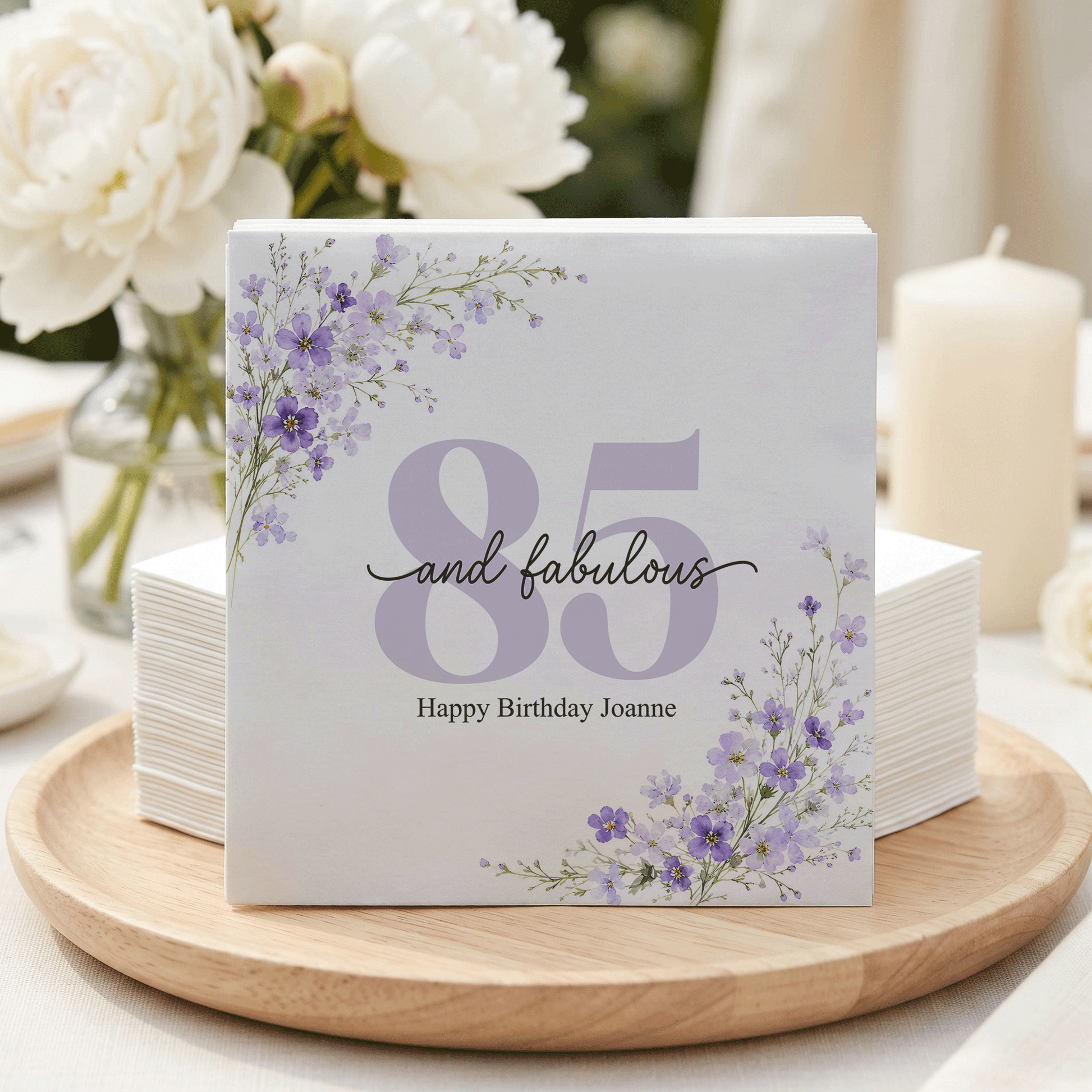 85th Birthday Napkins, Personalized Purple Botanical - Pretty Gifted