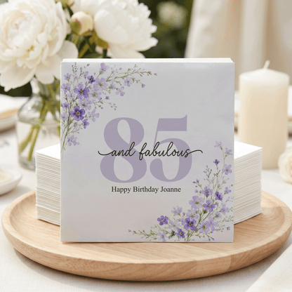 85th Birthday Napkins, Personalized Purple Botanical - Pretty Gifted