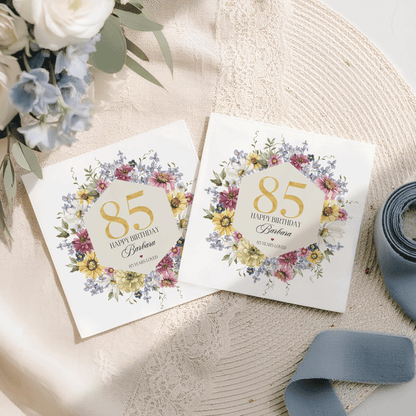 85th Birthday Napkins, Personalized Wildflower Floral - Pretty Gifted