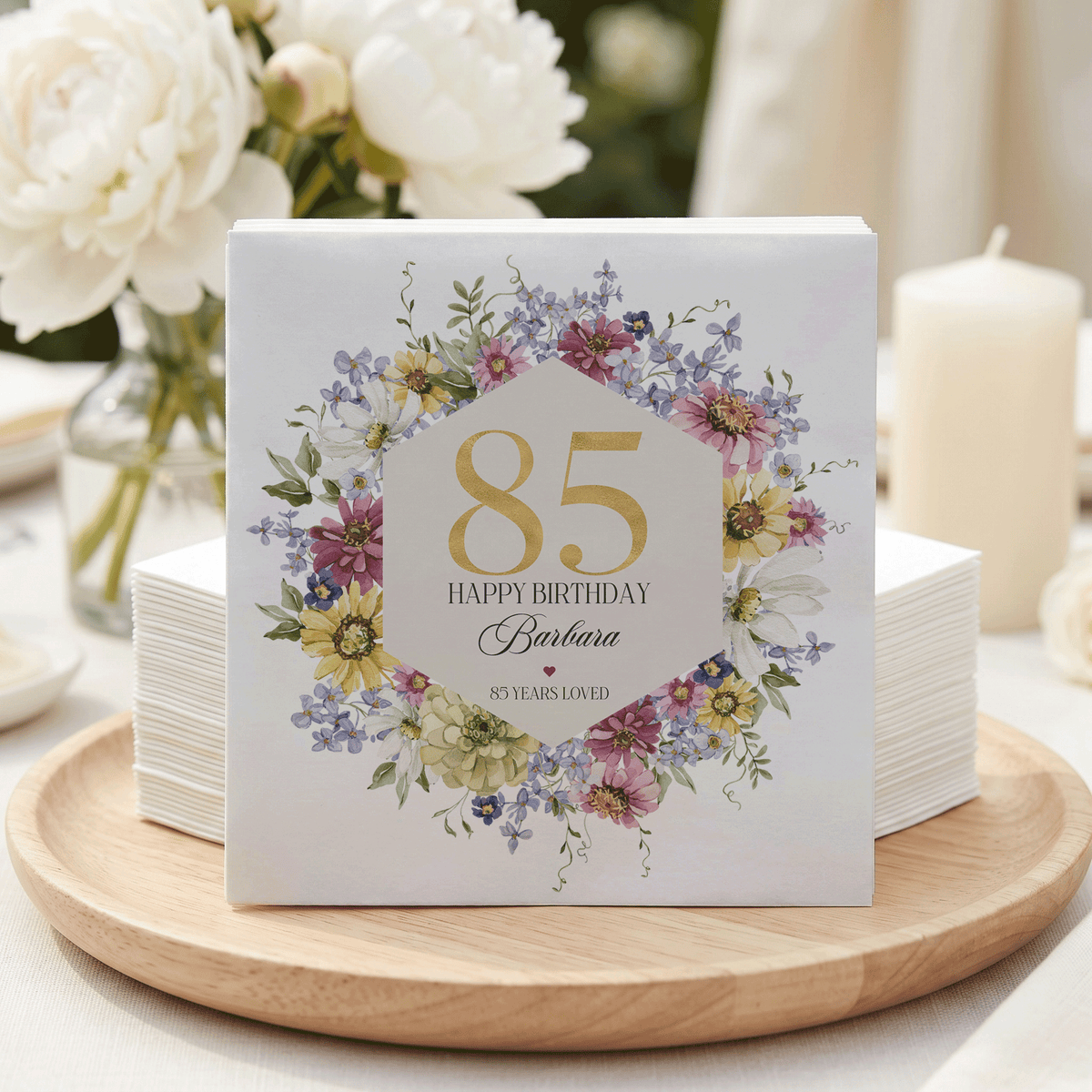85th Birthday Napkins, Personalized Wildflower Floral - Pretty Gifted