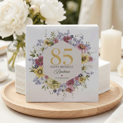 85th Birthday Napkins, Personalized Wildflower Floral - Pretty Gifted