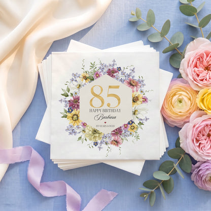 85th Birthday Napkins, Personalized Wildflower Floral - Pretty Gifted