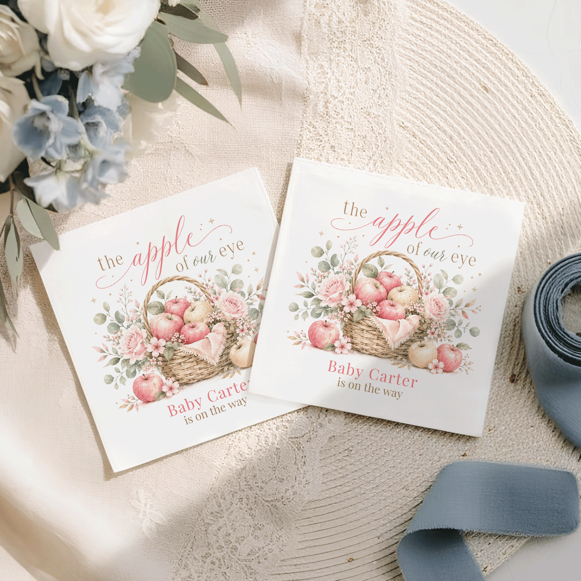 Two cards with "the apple of our eye" and "Baby Carter is on the way" text.