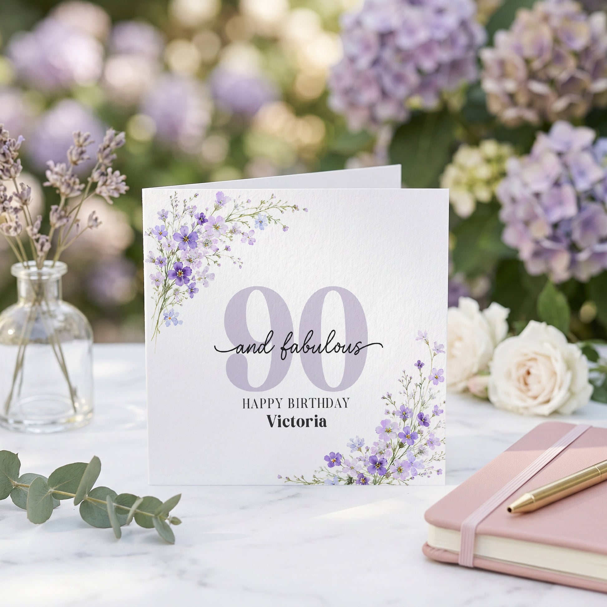 90th Birthday Card for Wife, Personalized Purple Floral - Pretty Gifted