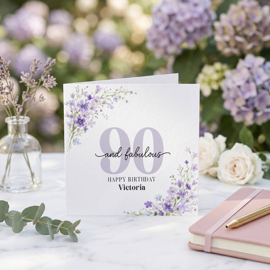 90th Birthday Card for Wife, Personalized Purple Floral - Pretty Gifted