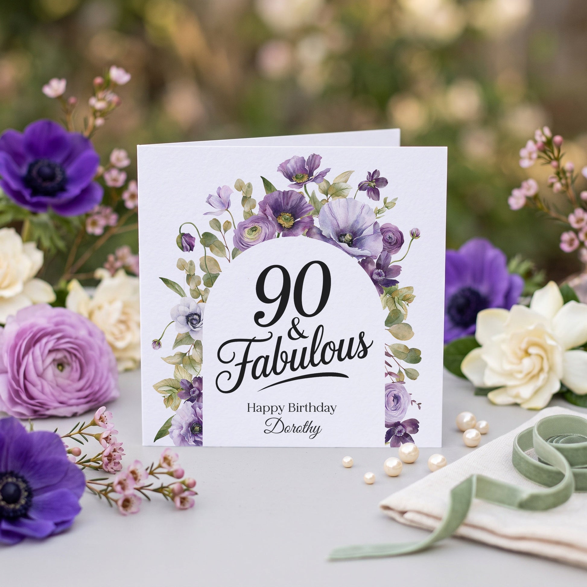 90th Birthday Card, Personalized 90 and Fabulous Purple - Pretty Gifted