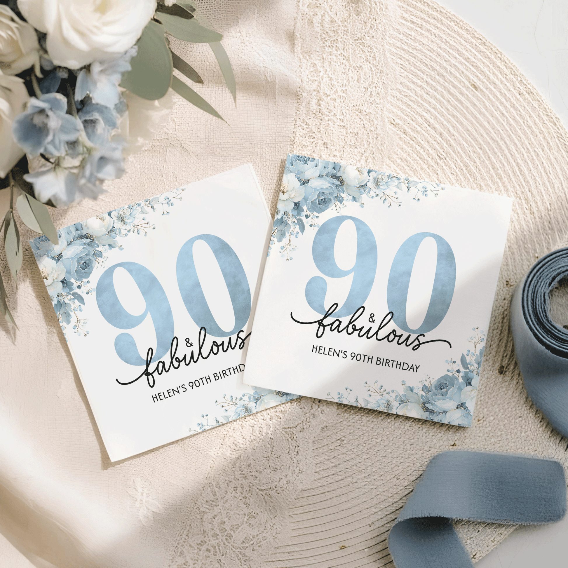 90th Birthday Napkins, 90 and Fabulous Blue Floral, Personalized - Pretty Gifted