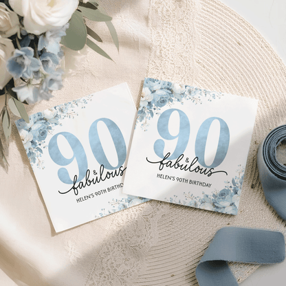 90th Birthday Napkins, 90 and Fabulous Blue Floral, Personalized - Pretty Gifted