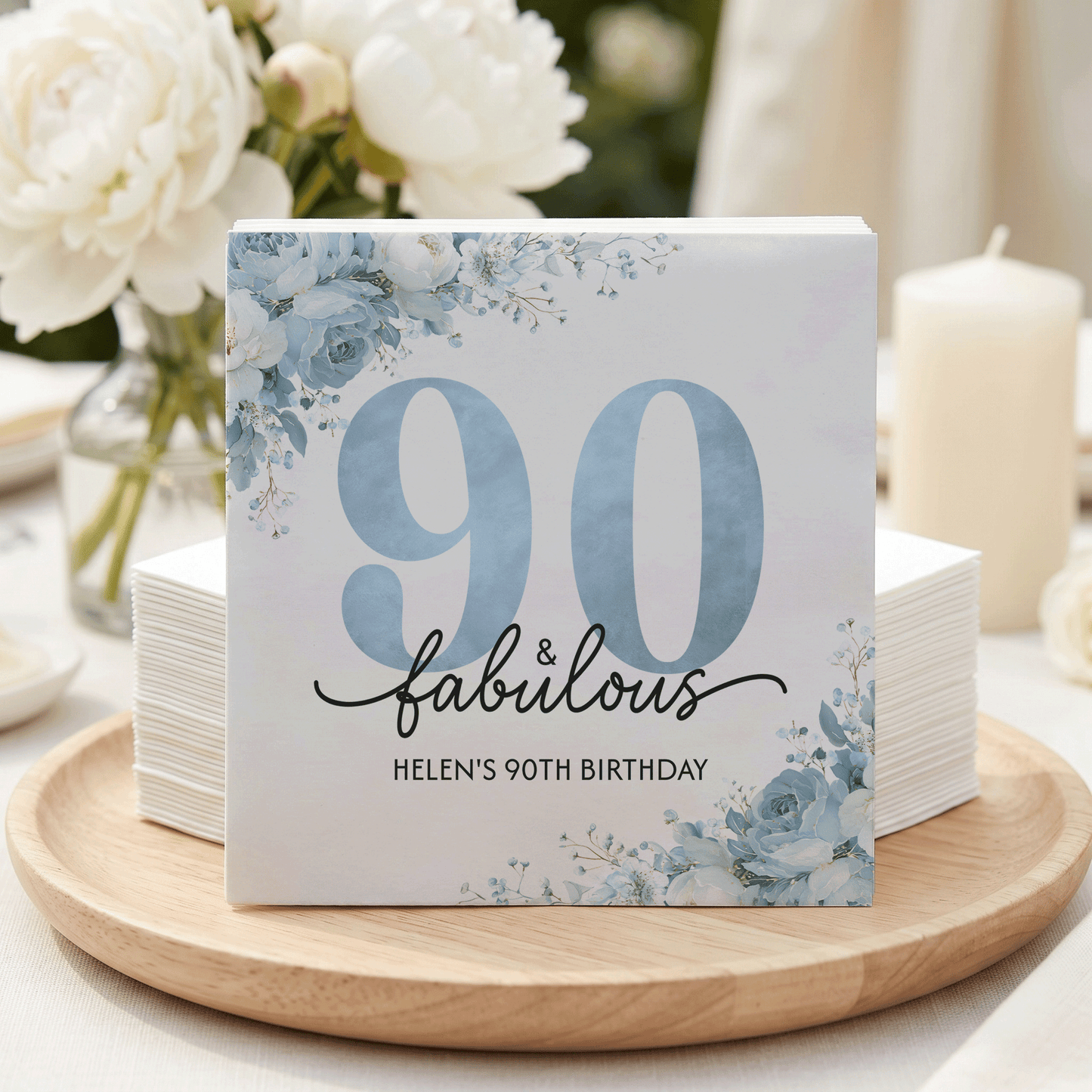 90th Birthday Napkins, 90 and Fabulous Blue Floral, Personalized - Pretty Gifted