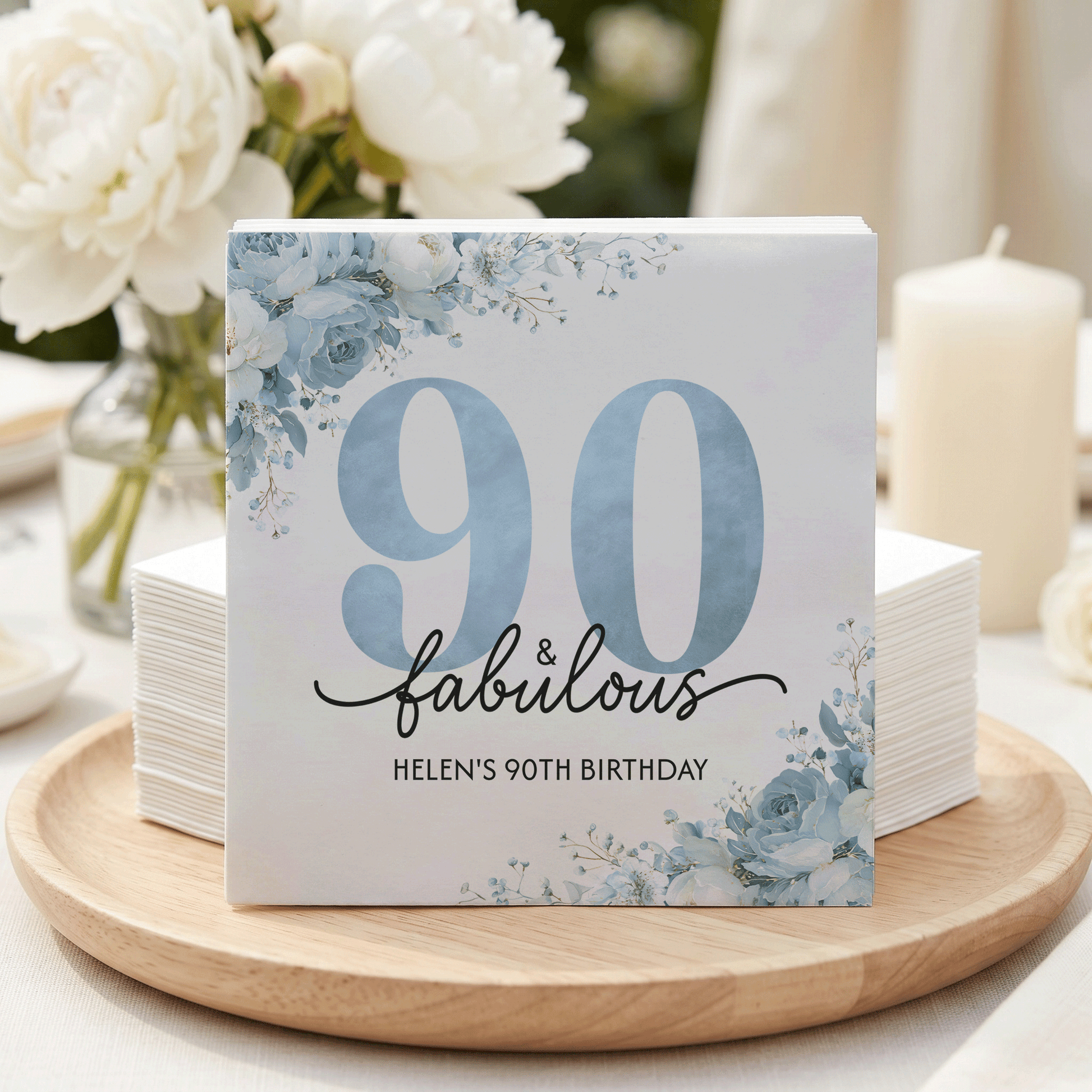 90th Birthday Napkins, 90 and Fabulous Blue Floral, Personalized - Pretty Gifted