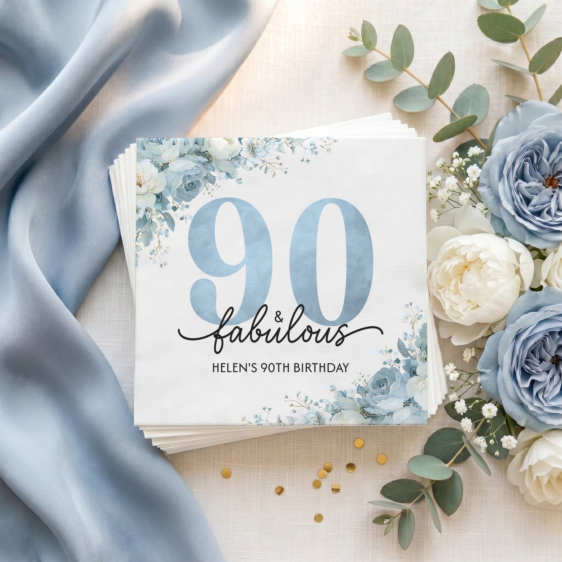90th Birthday Napkins, 90 and Fabulous Blue Floral, Personalized - Pretty Gifted