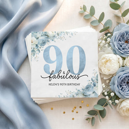90th Birthday Napkins, 90 and Fabulous Blue Floral, Personalized - Pretty Gifted