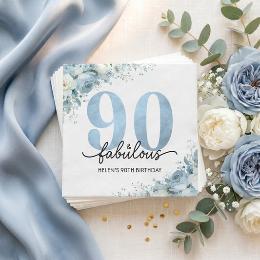 90th Birthday Napkins, 90 and Fabulous Blue Floral, Personalized - Pretty Gifted
