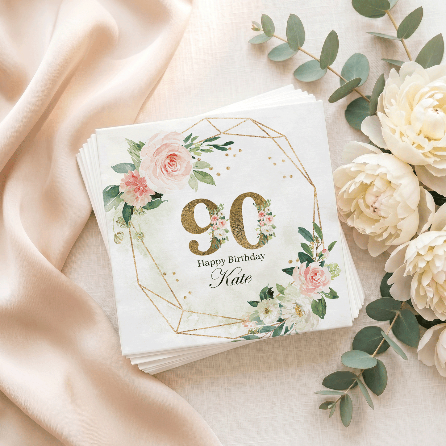 90th Birthday Napkins, Blush Floral Gold Geometric, Personalized - Pretty Gifted