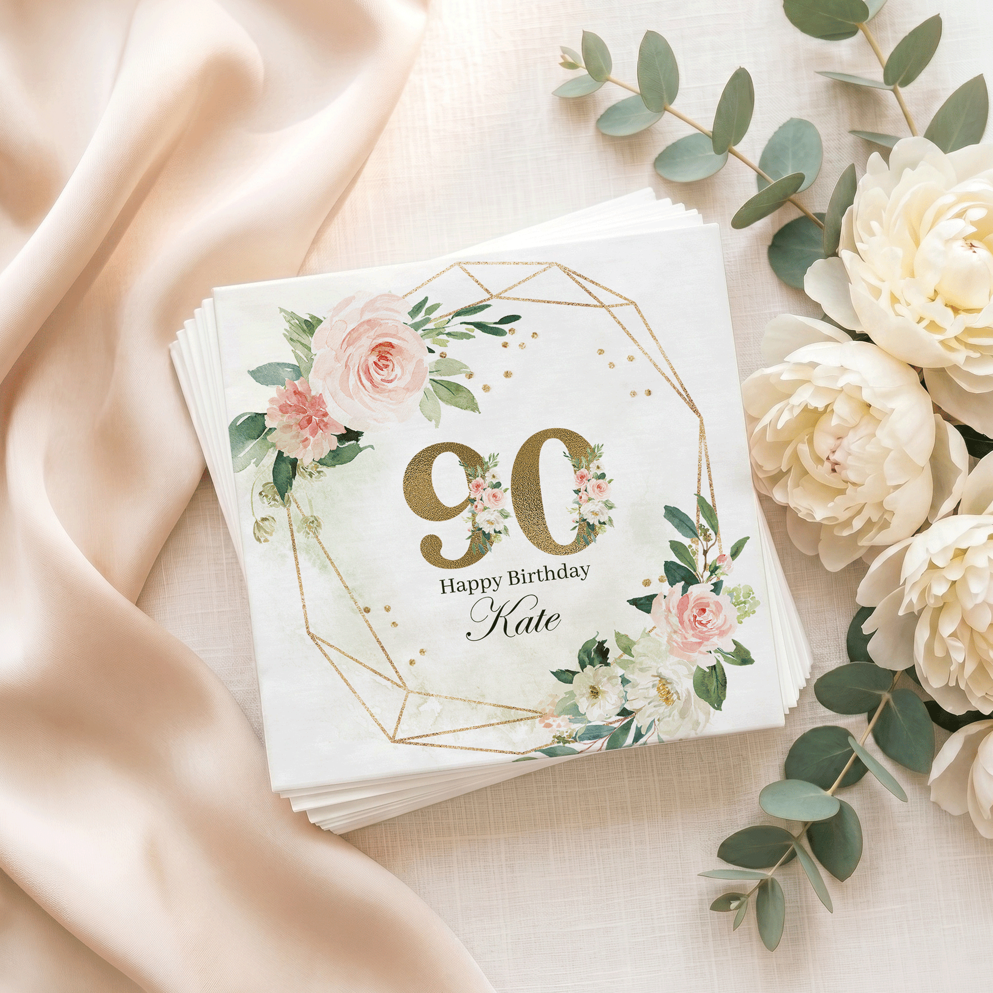 90th Birthday Napkins, Blush Floral Gold Geometric, Personalized - Pretty Gifted