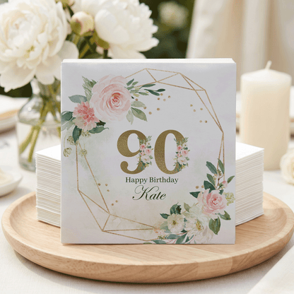 90th Birthday Napkins, Blush Floral Gold Geometric, Personalized - Pretty Gifted