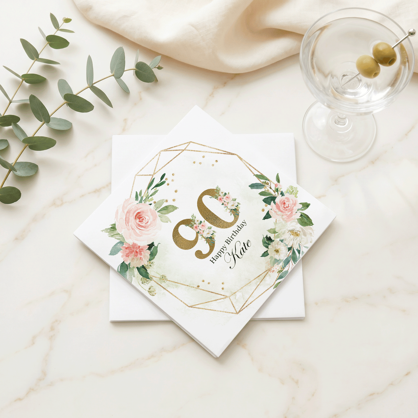 90th Birthday Napkins, Blush Floral Gold Geometric, Personalized - Pretty Gifted