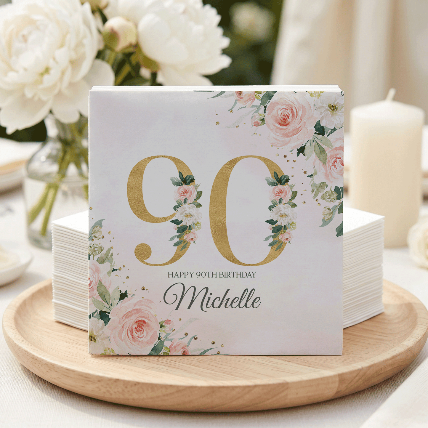 90th Birthday Napkins, Blush Peach Floral Gold, Personalized - Pretty Gifted