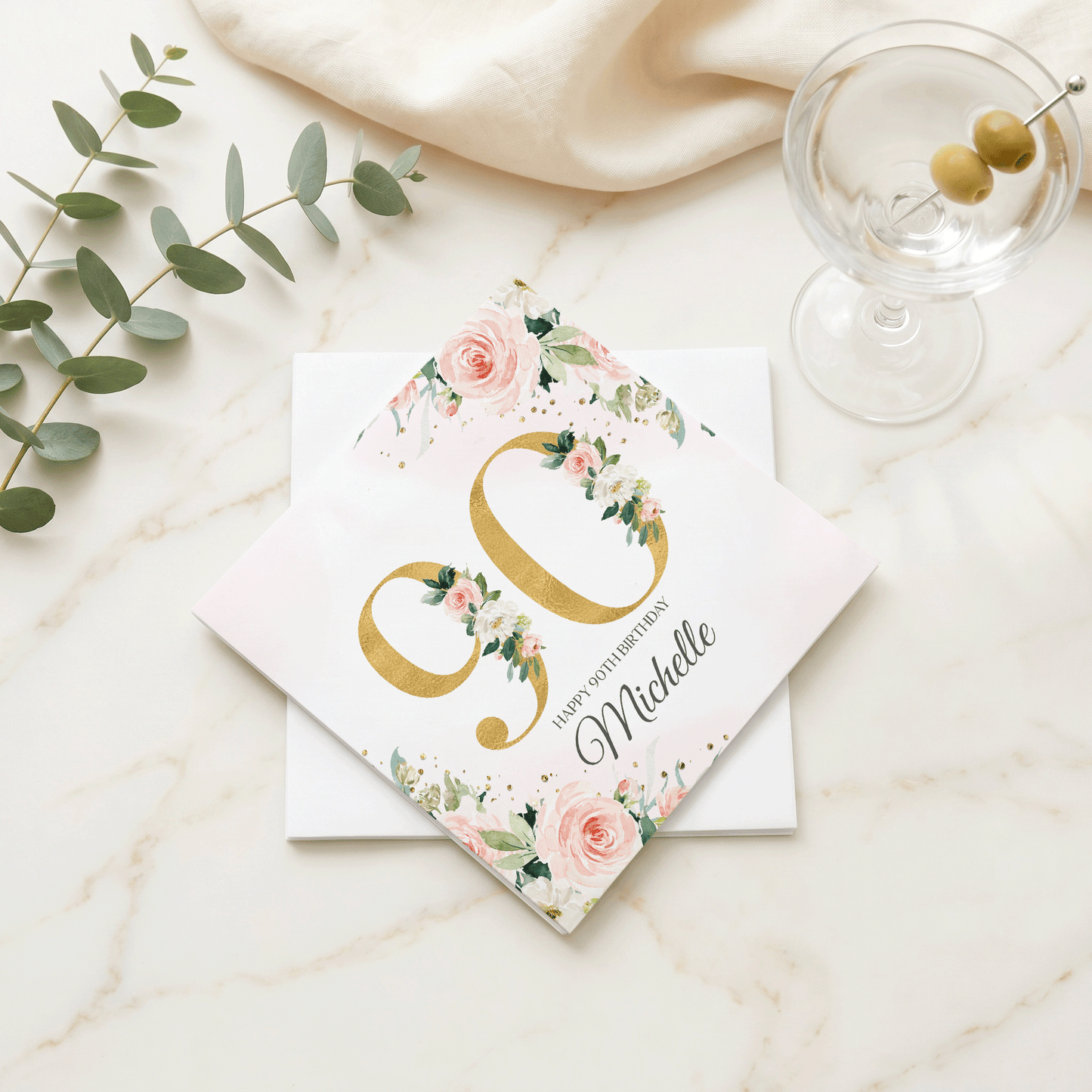 90th Birthday Napkins, Blush Peach Floral Gold, Personalized - Pretty Gifted